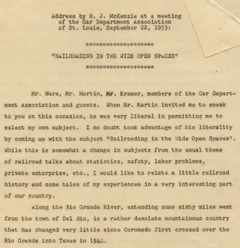 Address by H. J. McKenzie at a meeting of the Car Department Association of St. Louis, September 22, 1953, entitled "Railroading in the Wide Open Spaces"