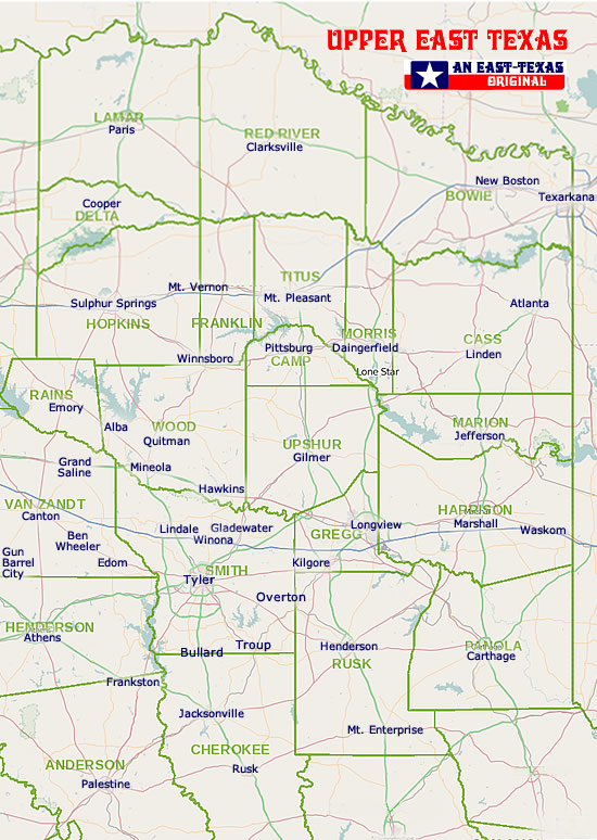Map of Cities, Towns and Counties in Upper East Texas