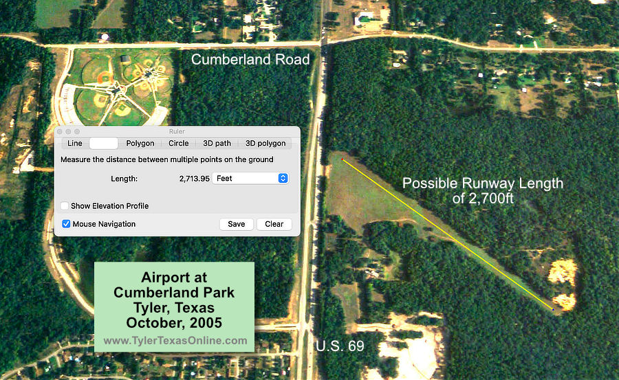 Landing strip and airport at the site of The Village at Cumberland Park in Tyler Texas in 2005