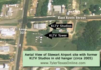 Aerial view of the Stewart Airport site in Tyler Texas showing the location of the former KLTV studios in an old hangar building