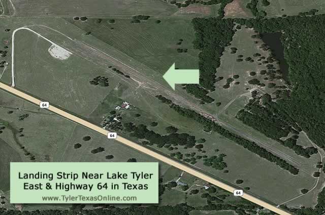 Aerial view of landing strip and airport near Highway 64 and East Lake Tyler