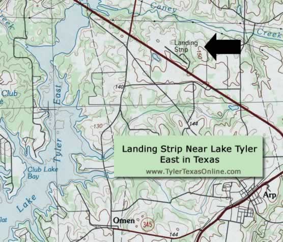 Map of landing strip and airport near Highway 64 and East Lake Tyler