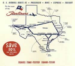Trans Texas Airways route map circa 1952, showing Tyler (click to enlarge)
