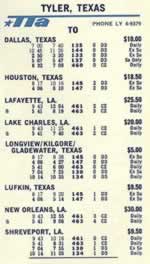 Trans Texas Airways 1966 flight schedule for Tyler Texas, (click to enlarge)