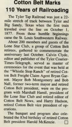 "Cotton Belt Marks 110 Years of Railroading": Article from the SP Bulletin, Winter 1987-88 Edition