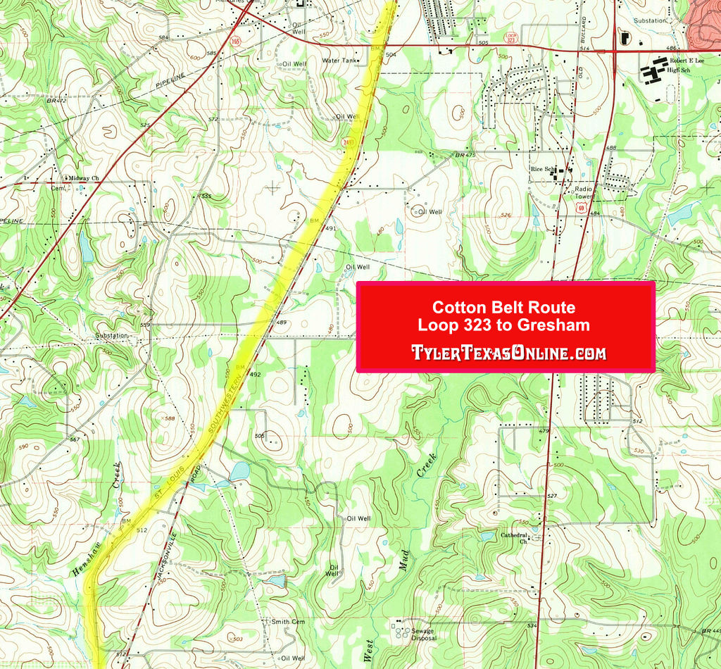 Map showing the Cotton Belt right-of-way in Tyler from Loop 323 south to near Gresham