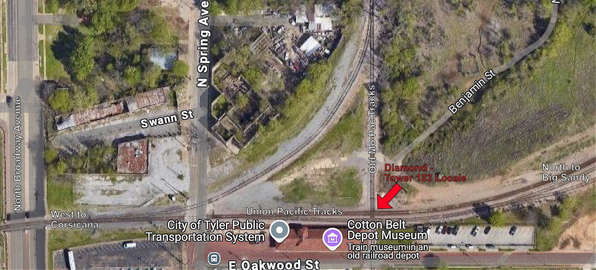 Map of Downtown Tyler - Modern Day - showing railroad features