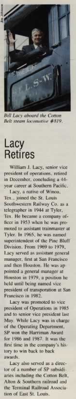 Article about the retirement of  William J Lacy, senior vice present of operations, from the Cotton Belt Route