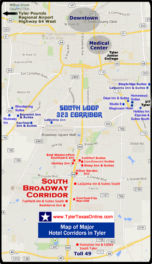Tyler Texas Hotel Map showing location of TJC and UT-Tyler