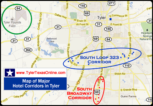 Location of Tyler Pounds Regional Airport and major hotel locations