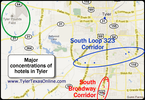 Map of major concentrations of hotels and lodging in Tyler Texas, in relationship to Tyler Pounds Regional Airport