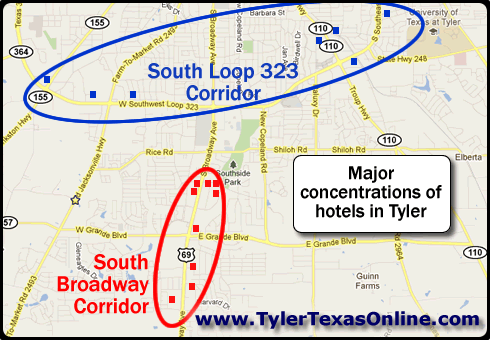Map of major concentrations of hotels and motels in Tyler Texas