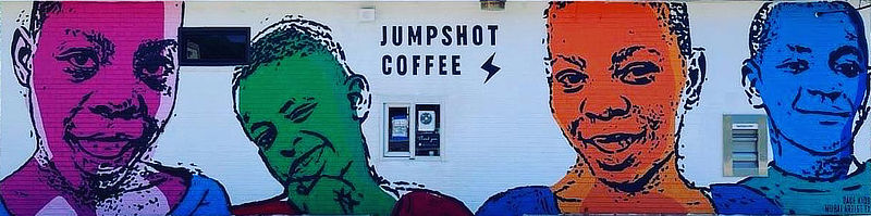Jumpshot Coffee mural ... 734 South Fleishel Avenue  in Tyler Texas, by Dace Kidd