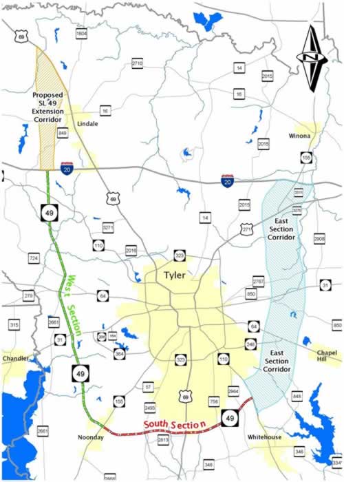 Map of Toll Loop 49 Segments around Tyler