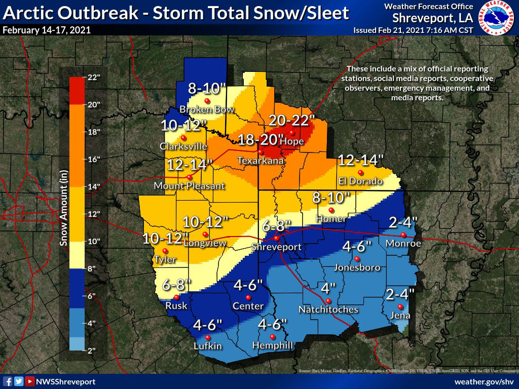 Artic Outbreak - Storm Total Sleet and Snow: National Weather Service in Shreveport reported these totals for the Ark-La-Tex region for February 14-17, 2021, inlcuding 10-12" for Tyler