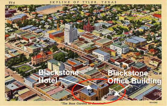Earlier aerial view of downtown Tyler, showing the location of The Blackstone Hotel and Blackstone Office Building